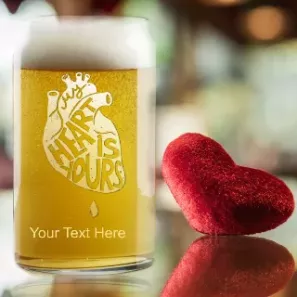 Anniversary Glass Beer Can 16oz with Custom White Engraving Anatomical Heart