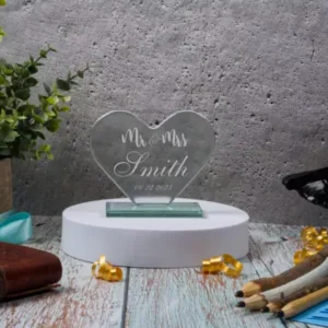 Mr and Mrs Custom Engraved Glass Heart Shaped Wedding Gift