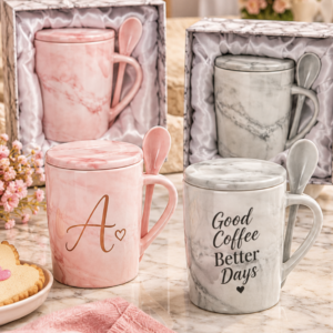 Ceramic Marble Mug with Lid and Spoon - Gray & Pink